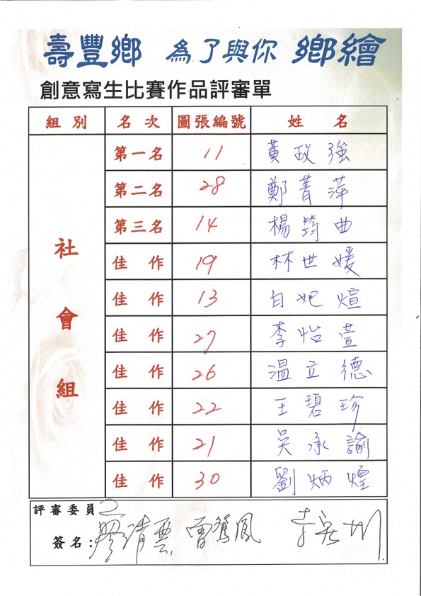 108年壽豐鄉「為了與你鄉繪」創意寫生比賽 得獎名單 社會組