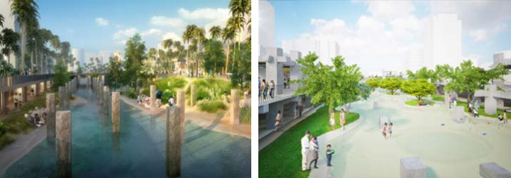 露天水景中保留原中國城 遺構柱列，未來將成為市 區最大親水景觀廣場