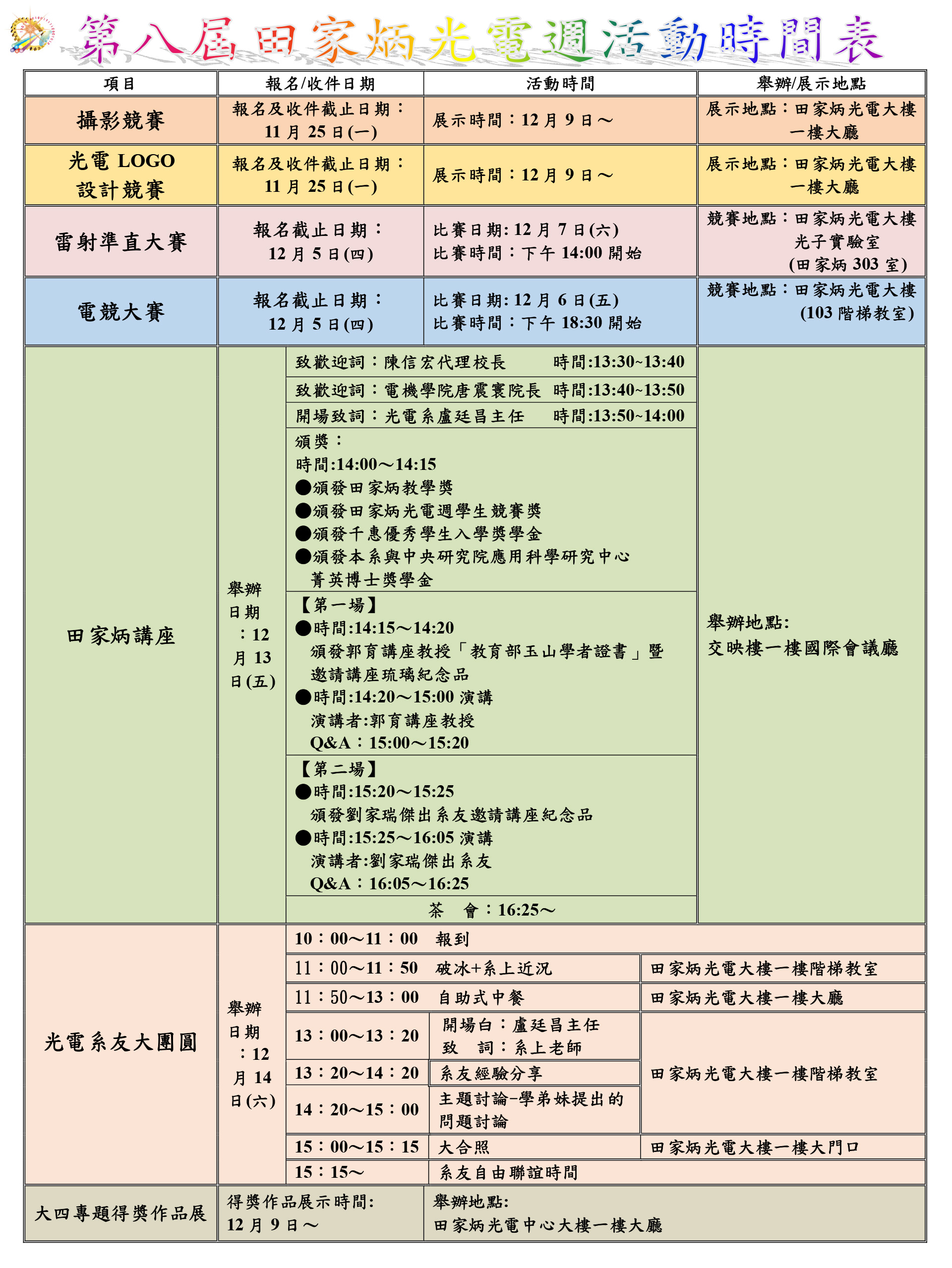 2019第八屆「田家炳光電週」 活動時間表