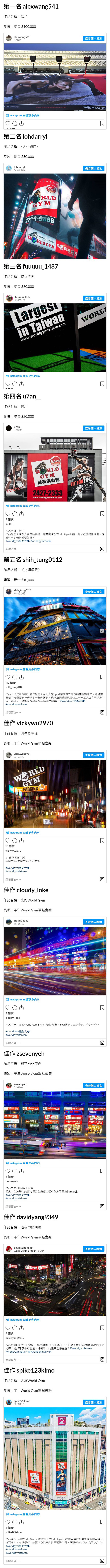 2020 World Gym攝影大賽 得獎名單 第一名 alexwang541 作品名稱：舞台  獎項：現金 $100,000   第二名 lohdarryl  作品名稱：<人生路口>  獎項：現金 $50,000   第三名 fuuuuu_1487  作品名稱：屹立不搖  獎項：現金 $30,000   第四名 u7an__  作品名稱：付出  獎項：現金 $20,000   第五名 shih_tung0112  作品名稱：《光輝耀眼》  獎項：現金 $10,000   佳作 vickywu2970  作品名稱：閃亮夜生活  獎項：半年World Gym單點會籍   佳作 cloudy_loke  作品名稱：光影World Gym  獎項：半年World Gym單點會籍   佳作 zsevenyeh  作品平稱：繁華台北夜色  獎項：半年World Gym單點會籍   佳作 davidyang9349  作品名稱：暗夜中的明燈  獎項：半年World Gym單點會籍   佳作 spike123kimo  作品名稱：大統World Gym  獎項：半年World Gym單點會籍