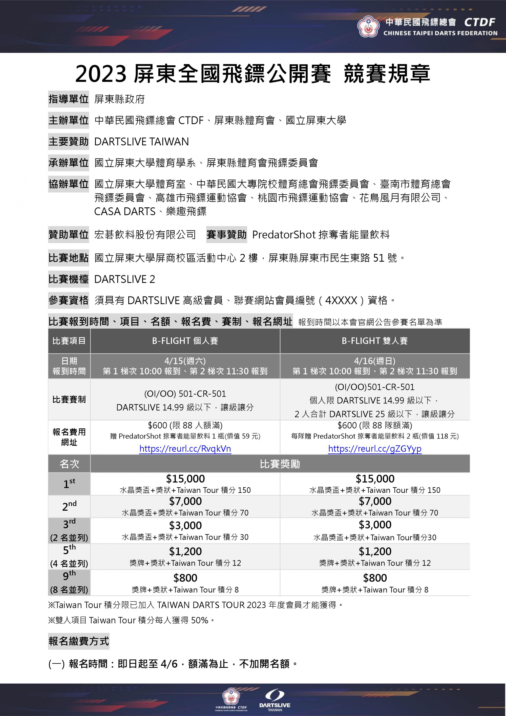 2023屏東全國飛鏢公開賽 競賽規章